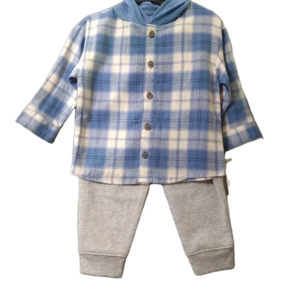 Carters Plaid Flannel Outfit Hooded Sweat Pants Blue Outdoors Play Fall Festival